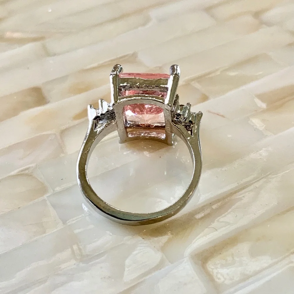 Ring Simulated Morganite & CZs Silver Fashion Large Emerald Cut Ring Size 6